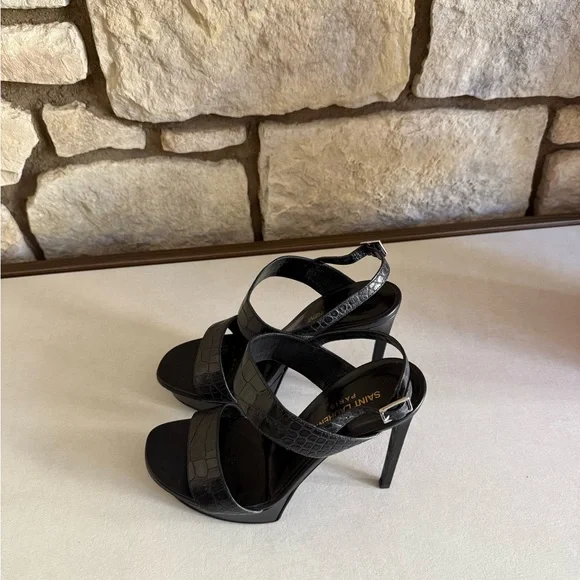 Black Croc-Embossed Leather Women's Sandals - Picture 8 of 12
